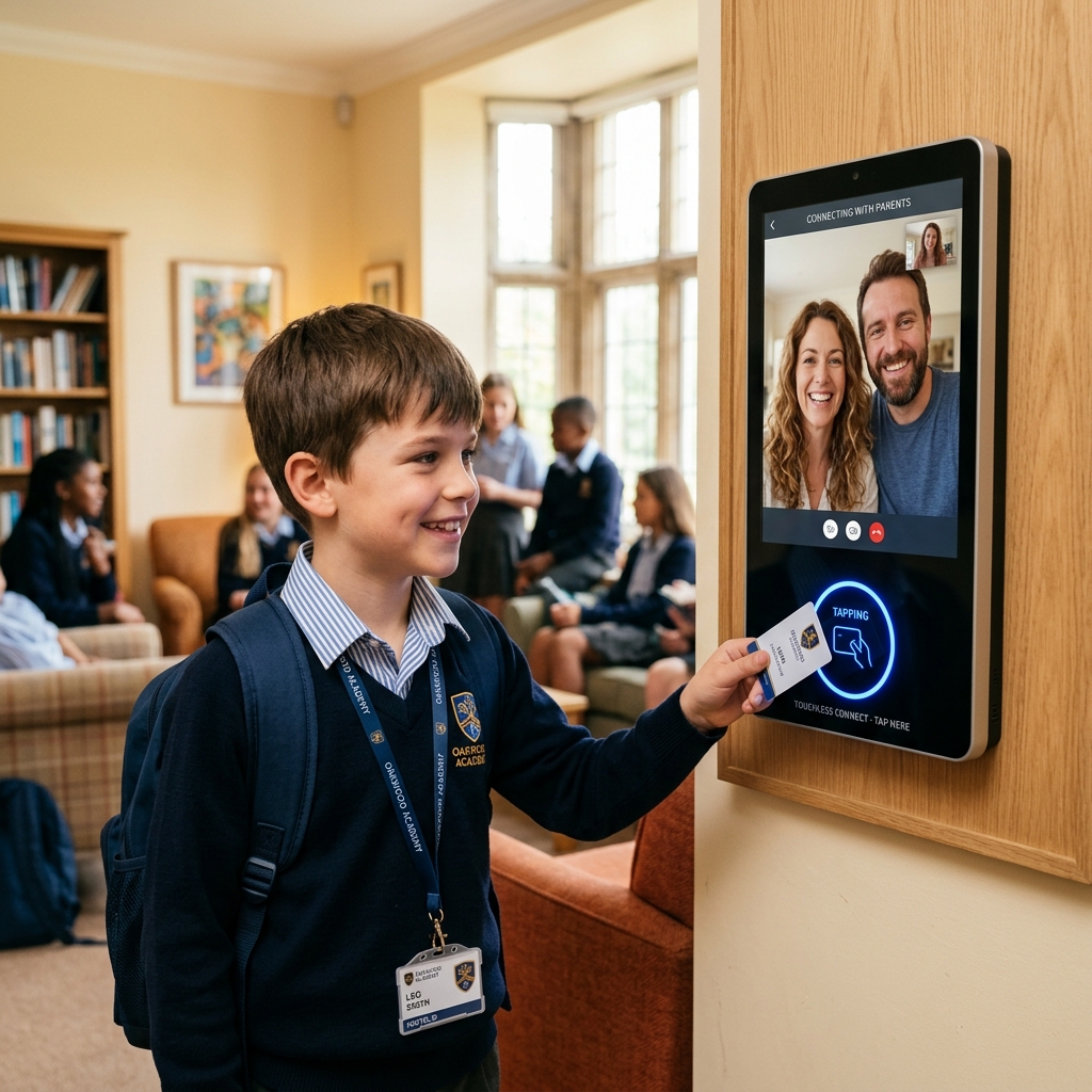 Hostel student tapping smart card on Swift Call device
